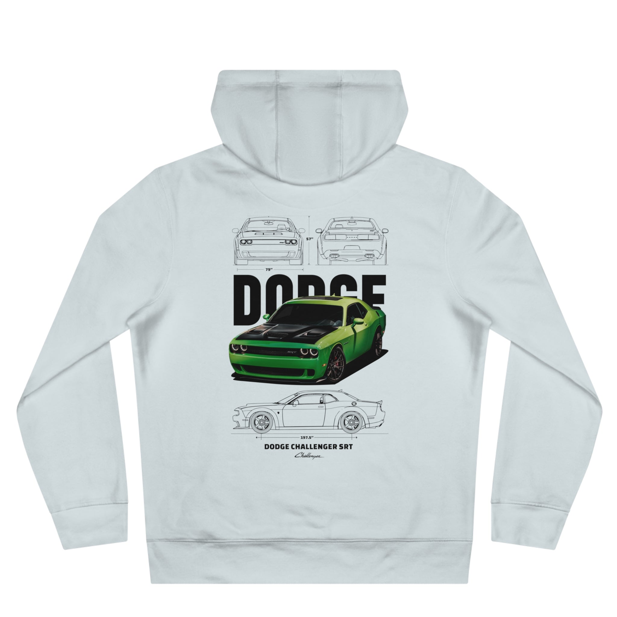 Green Dodge Challenger Illustration Hoodie | Muscle Car Blueprint Back Print