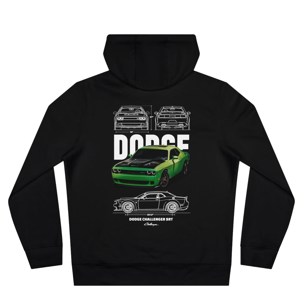 Grüner Dodge Challenger Hoodie mit Illustration | Rückendruck mit Muscle-Car-Motiv