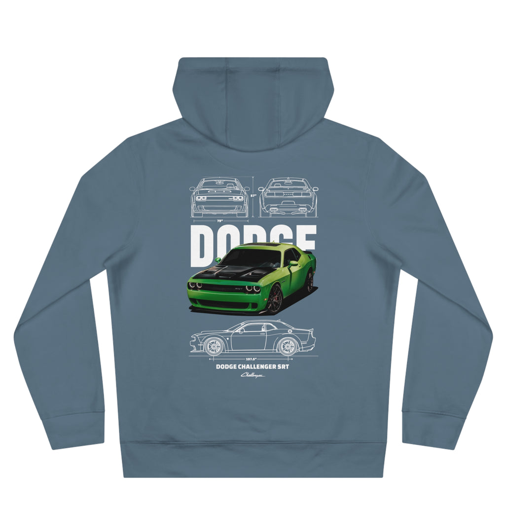 Grüner Dodge Challenger Hoodie mit Illustration | Rückendruck mit Muscle-Car-Motiv
