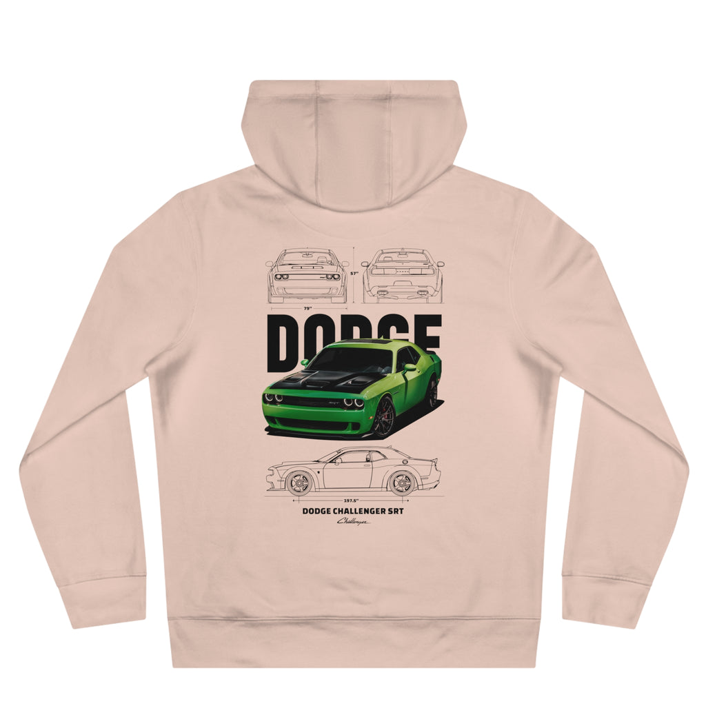 Grüner Dodge Challenger Hoodie mit Illustration | Rückendruck mit Muscle-Car-Motiv