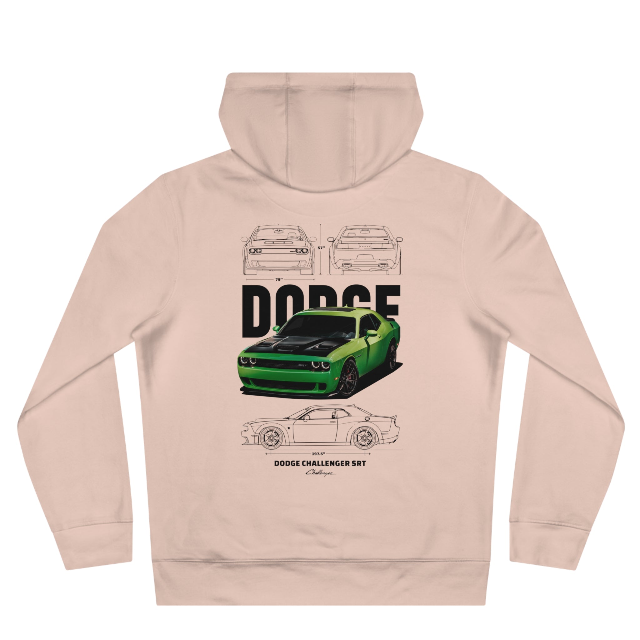 Green Dodge Challenger Illustration Hoodie | Muscle Car Blueprint Back Print